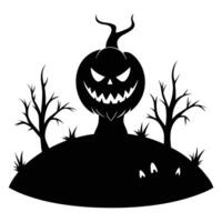 Silhouette of Spooky Halloween Pumpkin with Trees and Creepy Eyes on Mound vector