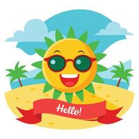Cartoon Sun with Sunglasses on Beach with Palm Trees and Hello Banner vector