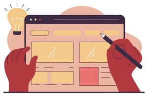 Website Wireframe Creation with Hand and Pencil, Surrounded by Idea Bulb Illustration vector