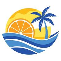 Stylized Tropical Island Design Featuring Orange Slice, Palm Tree and Blue Ocean Waves vector
