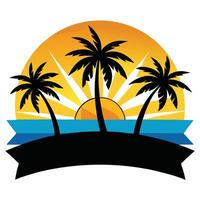 Tropical Paradise Island Palm Trees, Ocean View, and Blank Ribbon for Custom Text vector