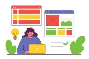 Woman Works on Website Design with Laptop, Idea Bulb, Checkmark and Colorful Layouts vector