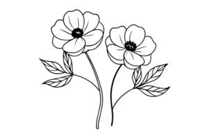Two Black and White Floral Illustrations with Stem and Leaves on White vector