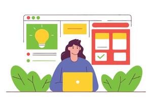 Woman Working on Laptop with Idea, Checklist, and Project Dashboard Illustration vector