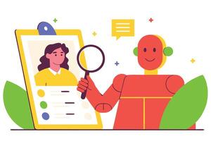 Robot Reviewing a Candidate Profile with Magnifying Glass for Hiring Process vector