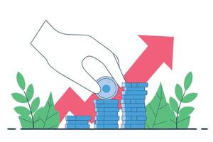 Illustrated Hand Adding Coin to Increasing Stacks with Arrow Showing Growth vector