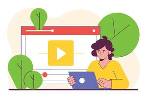 Woman Watching Online on Laptop with Colorful Design and Play Button Element vector