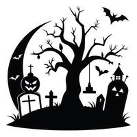 Spooky Halloween Silhouette Gravestones, Bare Tree, Crescent Moon, and Flying Bats Illustration vector