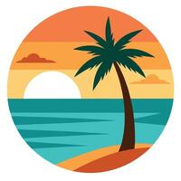 Stylized Beach with Palm Tree, Sunset, and Ocean Waves in Circular vector