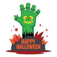 Cartoon Green Zombie Hand Emerging from a Grave with Happy Halloween Written on it vector