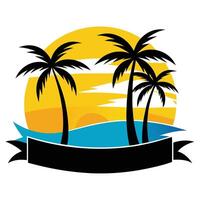Silhouette of Palm Trees Against a Sunset Backdrop with Decorative Ribbon Banner vector