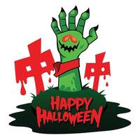 Animated Zombie Hand Emerging from Grave with Tombstones and Happy Halloween Message in Red vector