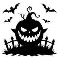 Halloween Pumpkin Silhouette with Bats and Spooky Fence Design Element Isolated vector
