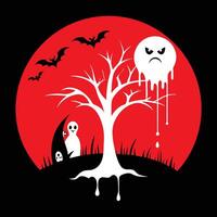Spooky Halloween Landscape with Bare Tree, Bats, Round Ghost and Hidden Friendly Ghosts vector