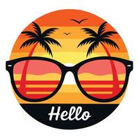Retro Sunglasses Reflecting Tropical Sunset with Palm Trees and Hello for Summer vector