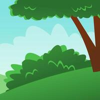 Cute landscape with illustration of grass and trees. sunny landscape of a spring or summer park with green bushes and forest trees, clouds in the sky vector
