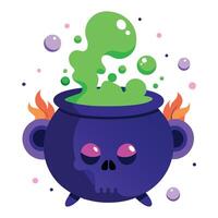 Whimsical Halloween Cauldron with Green Potion and Skull Face Illustration on White Background vector