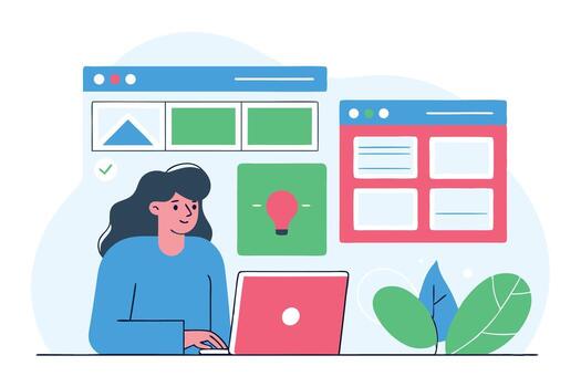 Woman Working on a Laptop with Floating UI Windows and a Checkmark Symbol vector