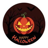 Spooky Halloween Carved Pumpkin, Silhouetted Trees, and Bats on a Burgundy Background vector