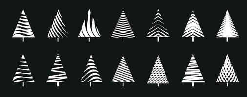 Set of White Christmas Tree on black background. vector