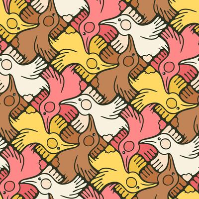 Seamless Escher Style Pattern with Cartoon Hens