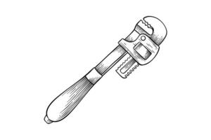 drawing illustration of pipe wrench with carving technique vector
