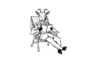 drawing illustration of a goat relaxing while reading a book vector