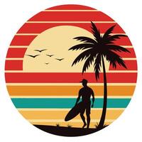 Retro Surfer Silhouette at Sunset Palm Tree with Striped Circle Background vector