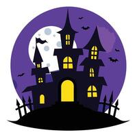 Silhouette of a Haunted House Against a Full Moon with Bats and Picket Fence vector