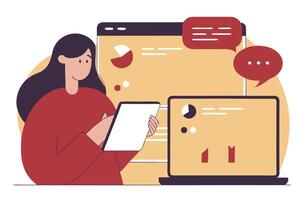 Woman Analyzing Data on Tablet Near Laptop and Browser with Statistics Displayed vector