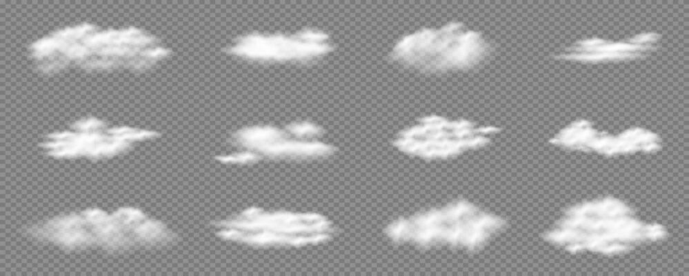 Cloudy Weather element set. Realistic white cloud or fire smoke in the sky. Smoky air shapes. 3D Soft fluffy summer shapes for poster banner card.