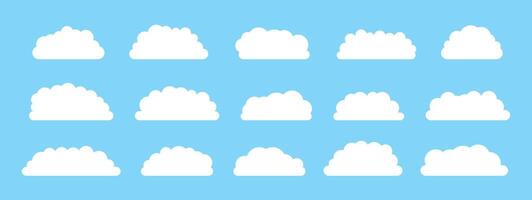 Cloud flat style set. Abstract white cloudy pack isolated on blue background. Text border. Weather element. Sky fluffy shapes vector
