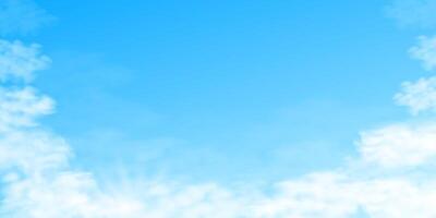 Blue sky with white fluffy Realistic Clouds. Clear summer weather background with copy space. 3D Cloudy daylight in winter. Nature spring sunrise, landscape. Soft fog effect for banner poster card vector