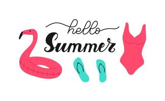 Hello Summer hand drawn Calligraphy and one line Lettering. Script text with flamingo inflatable ring for pool slippers swimsuit. Handwritten phrase. Quote for inspiring poster, social media post. vector