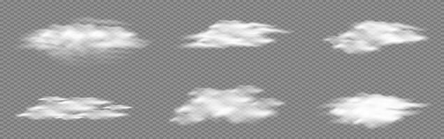 White Realistic 3D Cloud set. Cloudy weather concept. Soft blur effect. Overlay sky element for banner poster card. Foggy air shapes. illustration. vector