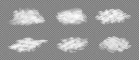 Realistic 3D White fluffy Cloud set. Soft cloudy smoky fog. Grey Steam. vector
