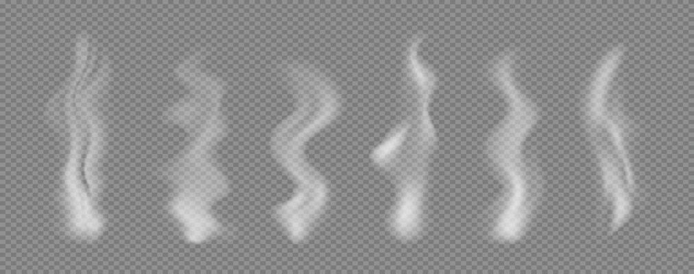 Hot Realistic Steam or Smoke set. Fog or wavy Cloud effect from cigarettes or hookah. 3D white Mist overlay. Smoky design pack.
