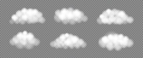 Realistic 3d fluffy Clouds set. White sky element for cloudy weather. Overlay soft product backing or element for banners, posters, discounts. Smoky effect background. vector