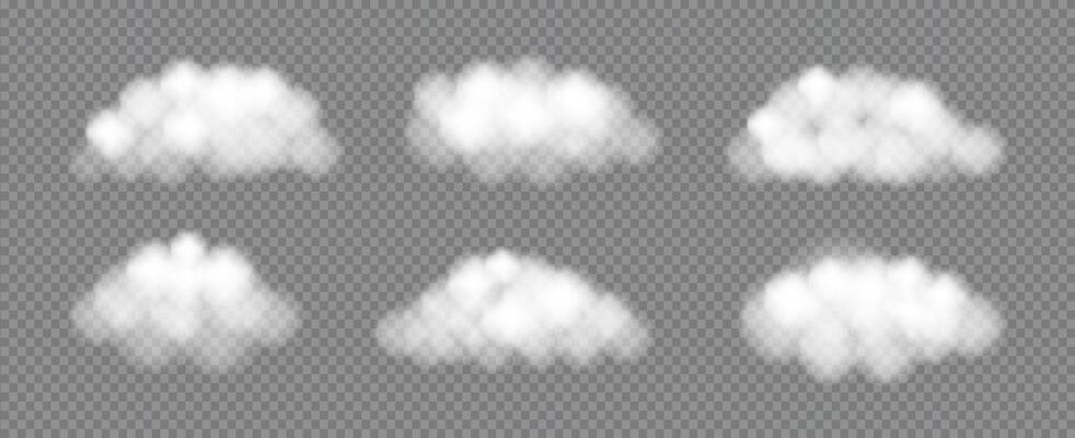 Realistic 3d fluffy Clouds set. White sky element for cloudy weather. Overlay soft product backing or element for banners, posters, discounts. Smoky effect background.