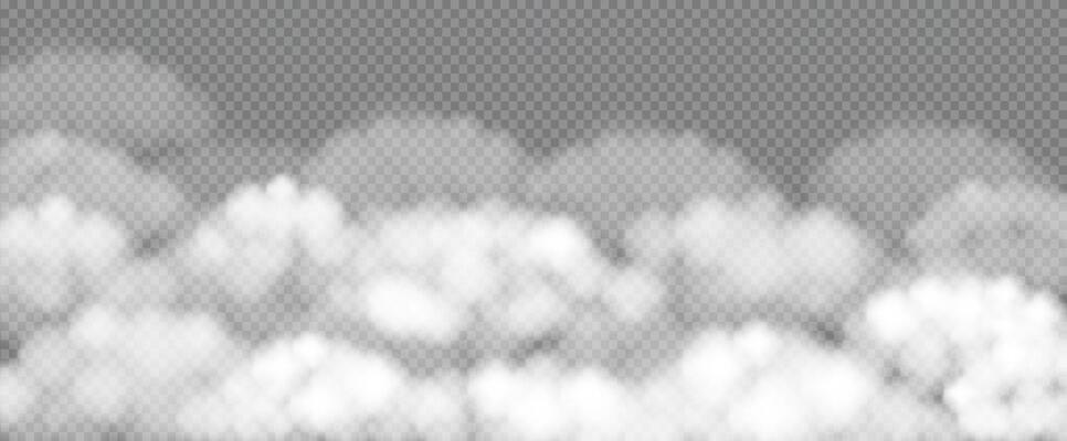 Realistic Fog, smoke, white smog clouds banner template. Morning mist over the ground or water surface. Sky white 3D cloudy elements overlay effect. Steam at night club, magic haze