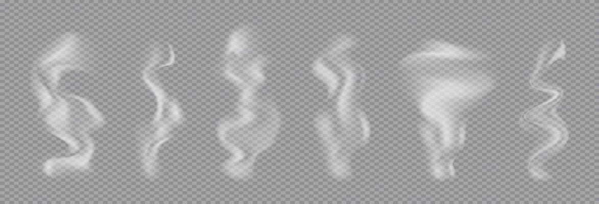 Realistic Smoke or steam effect from hot drink or food. Clouds of white trace from cigarette or hookah, haze from hot dish or mug. 3d overlay smoky fog set