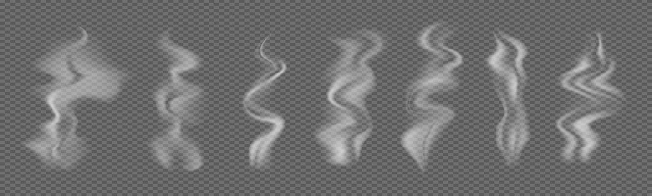 Hot food Steam, cigarette Vapor. Mist wavy cloud set. Smoke from coffee cup. Set of icons isolated. Realistic smoky cloud