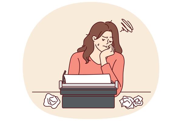Woman with typewriter feels sad about lack inspiration and professional burnout in career