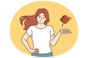 Smart girl throws assembled cube puzzle with ease, having coped with difficult task to find vector