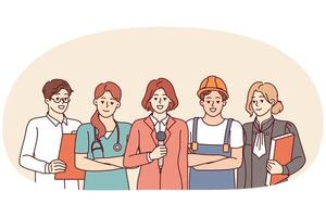 People diverse professions are smiling standing in service uniforms and posing for labor day vector