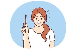 Happy woman has come up with new idea and is holding up pencil to share thoughts and discuss vector