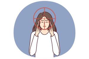 Depressed woman with rifle target near face senses danger and is stressed out due vector