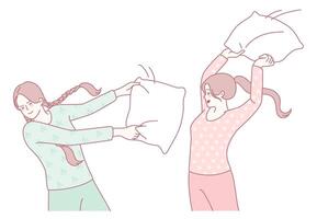 An Exciting and Fun Pillow Fight Between Good Friends Wearing Cozy Pajamas at Home vector