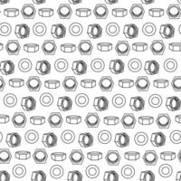 Seamless pattern with hand drawn bolts, nuts, and washers in black outline style. Ideal for coloring books, tool-themed fabric, and DIY project designs vector