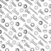 Seamless pattern featuring hand drawn screws, nuts, and washers in black outline style. Perfect for coloring pages, tool-themed fabric prints, and mechanical or DIY designs. vector